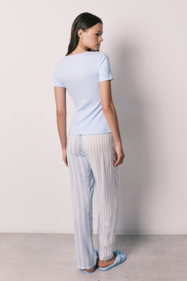 Women'secret Pijama comprido de manga curta em algod&atilde;o e viscose azul azul