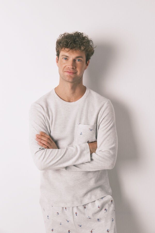 Women'secret Pijama comprido masculino 100% algod&atilde;o cinza  cinzento