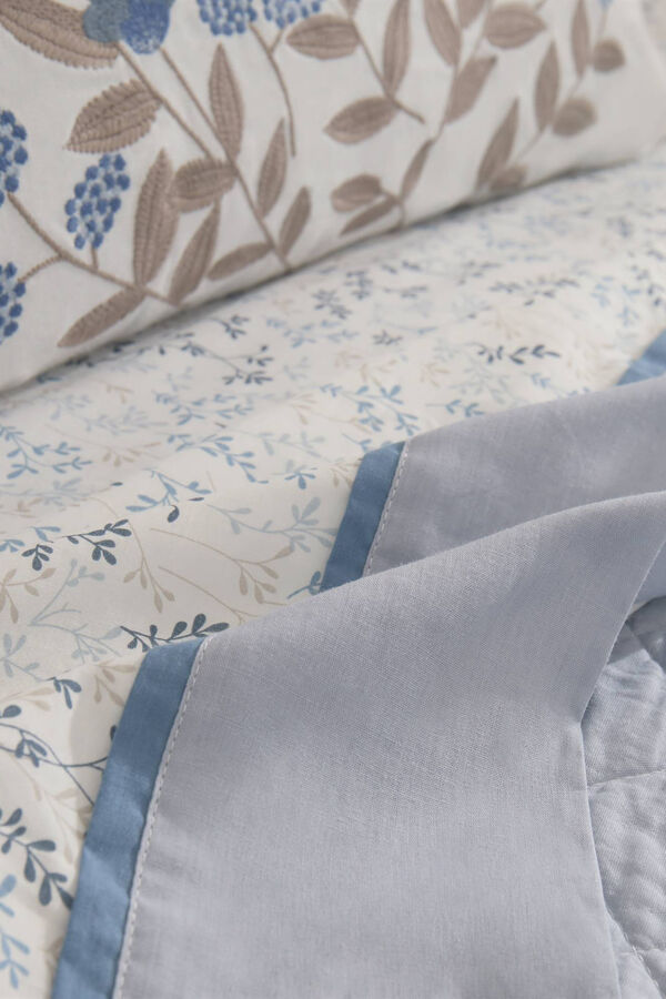 Textura S&aacute;bana hojas algod&oacute;n percal. Cama 150-160cm. azul