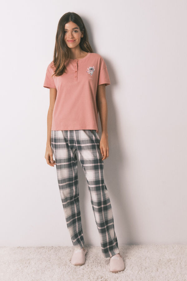 Women'secret Pijama largo 100% algod&oacute;n rosa cuadros Stitch gris