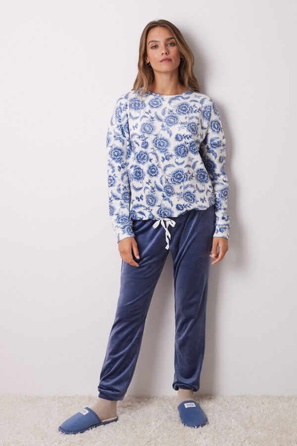 Women'secret Pijama longo de veludo elástico macio azul