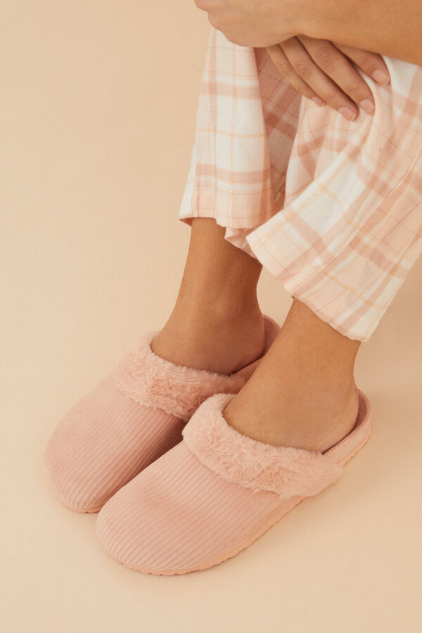 Women'secret Zapatillas casa zueco pana marr&oacute;n rosa