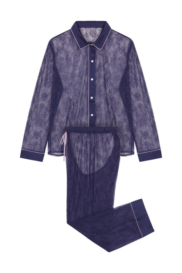 Women'secret Pijama camiseiro comprido renda azul azul