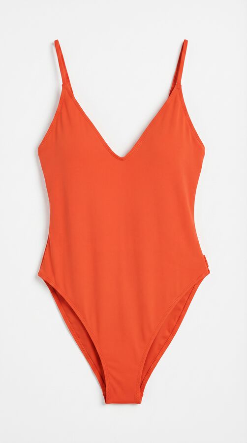 Women'secret Fato de banho decote profundo efeito seda laranja borgonha