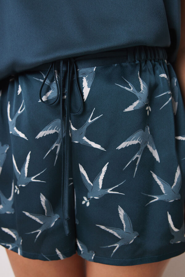 Women'secret Pijama curto de cetim com estampado de p&aacute;ssaros verde
