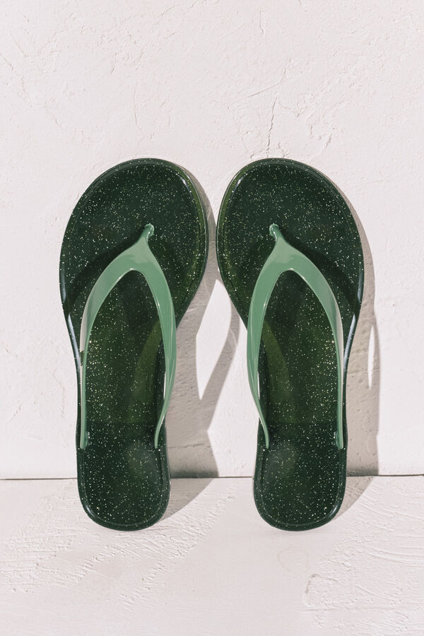 Women'secret Chanclas dedo efecto brillo glitter verde kaki