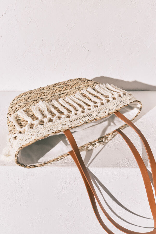Women'secret Mala m&eacute;dia cesto de r&aacute;fia e crochet branco
