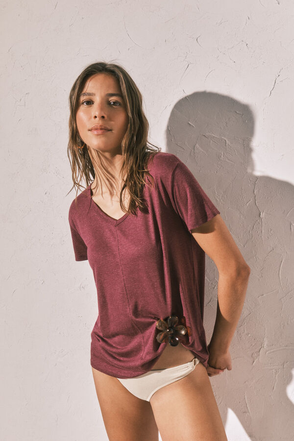 Women'secret T-shirt de manga curta em linho e viscose gren&aacute; estampado