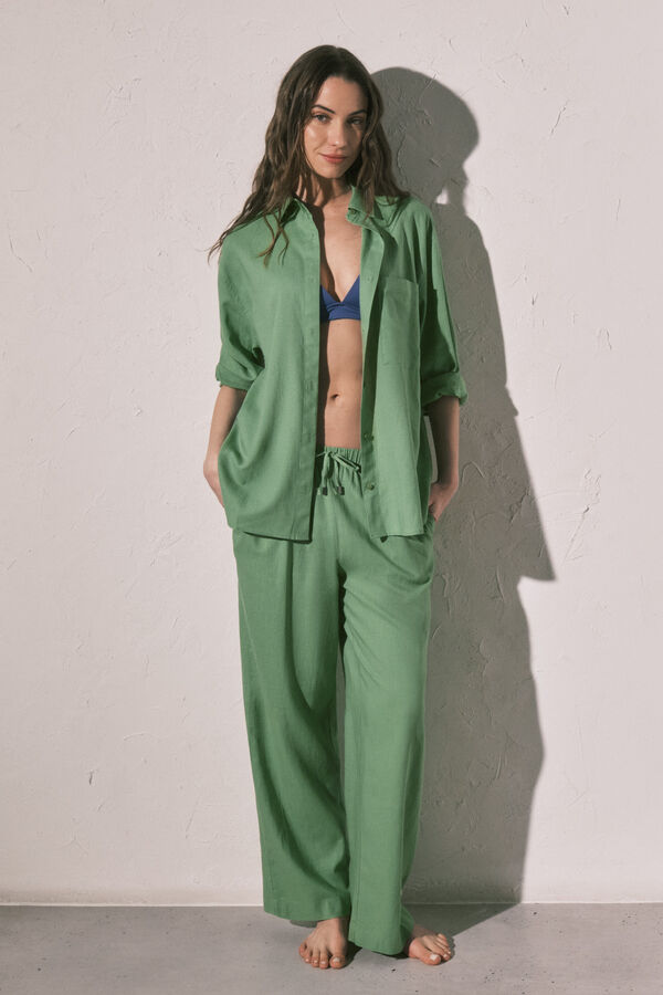 Women'secret Camisa manga larga lino verde verde