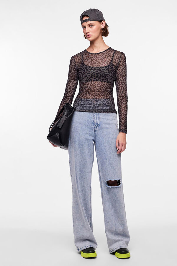 Pieces Top tule de manga comprida e print em leopardo preto