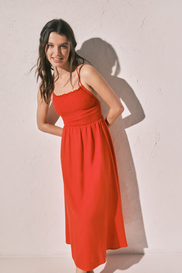 Women'secret Vestido largo con lino naranja coral