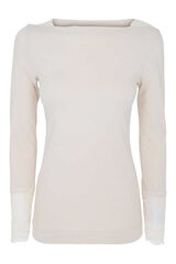 Cotonella T-shirt t&eacute;rmica para mulher, com gola caixa e manga comprida com renda bege