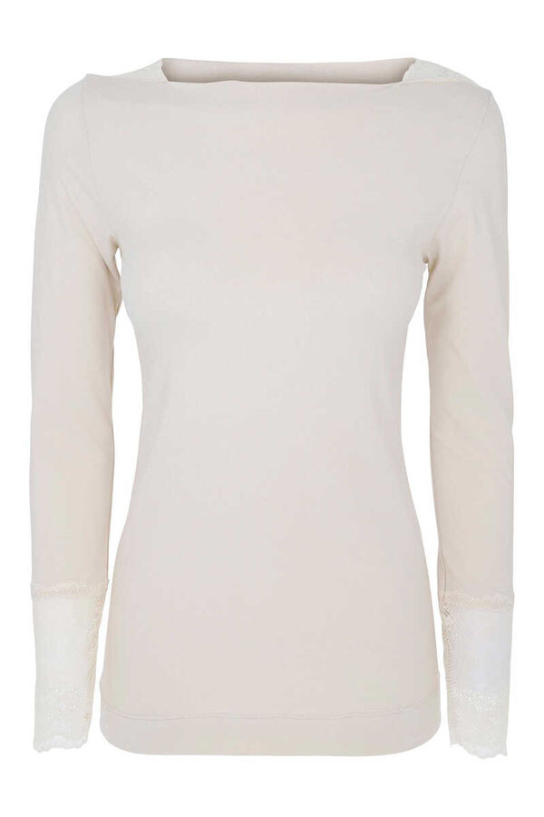 Cotonella T-shirt t&eacute;rmica para mulher, com gola caixa e manga comprida com renda bege