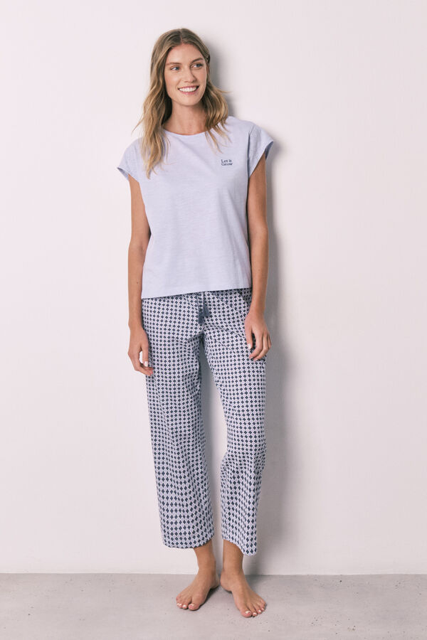 Women'secret Pijama comprido de manga curta em algod&atilde;o estampado lil&aacute;s rosa