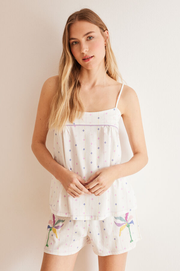 Women'secret Pijama 100% algod&oacute;n rombos bordados blanco