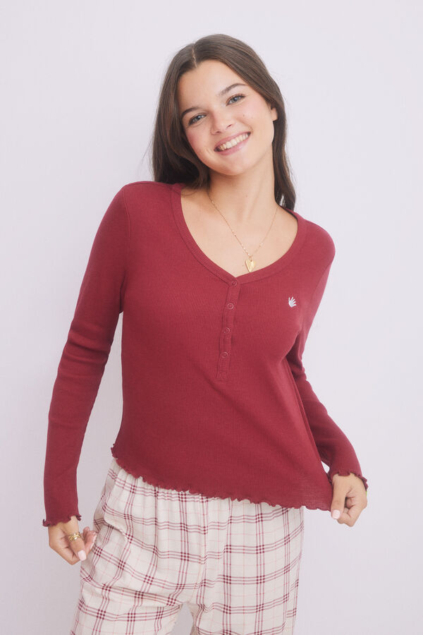 HI&BYE Pijama largo crudo cuadros rojo