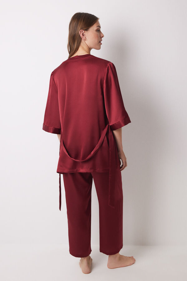 Women'secret Conjunto robe de cetim marrom, top e cal&ccedil;a pijama vermelho