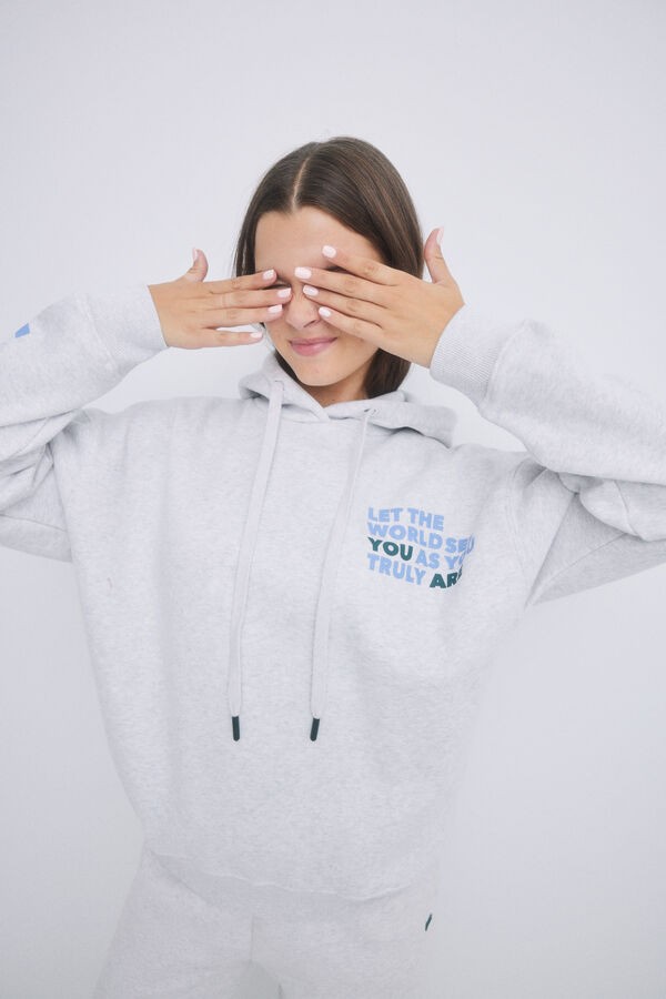 HI&BYE Sudadera capucha felpa gris logo gris