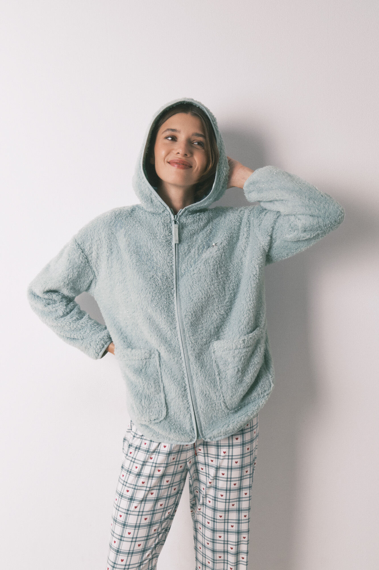 Women'secret Robe curta tecido pelo verde lurex