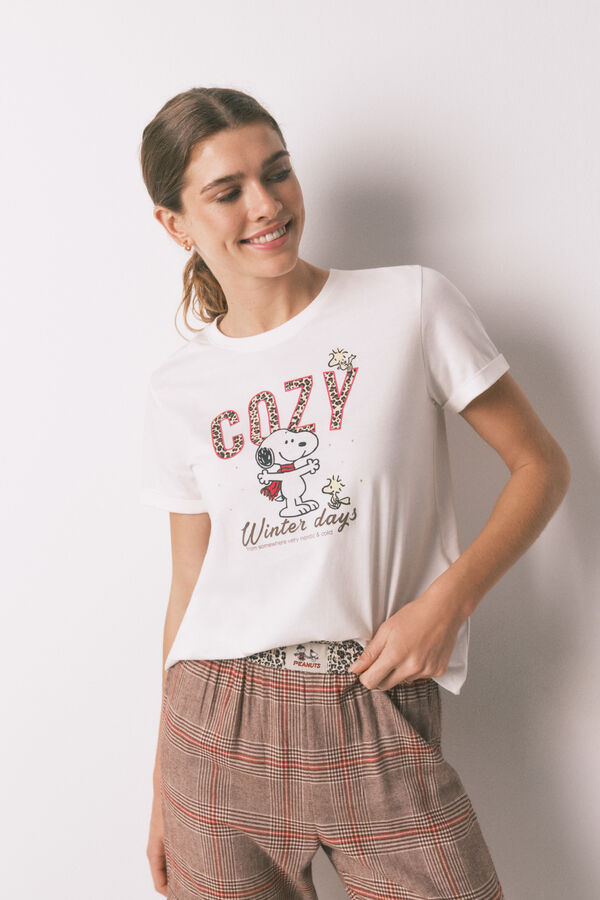 Women'secret Pijama largo 100% algod&oacute;n estampado cuadros Snoopy marfil