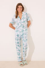 Women'secret Pijama largo camisero 100% algod&oacute;n flores verdes blanco