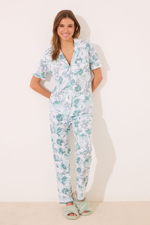 Women'secret Pijama largo camisero 100% algod&oacute;n flores verdes blanco