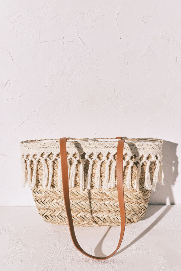 Women'secret Mala m&eacute;dia cesto de r&aacute;fia e crochet branco