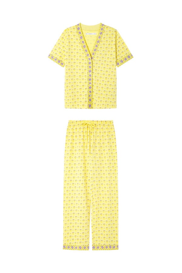 Women'secret Pijama 100% algod&atilde;o amarelo com estampa floral estampado