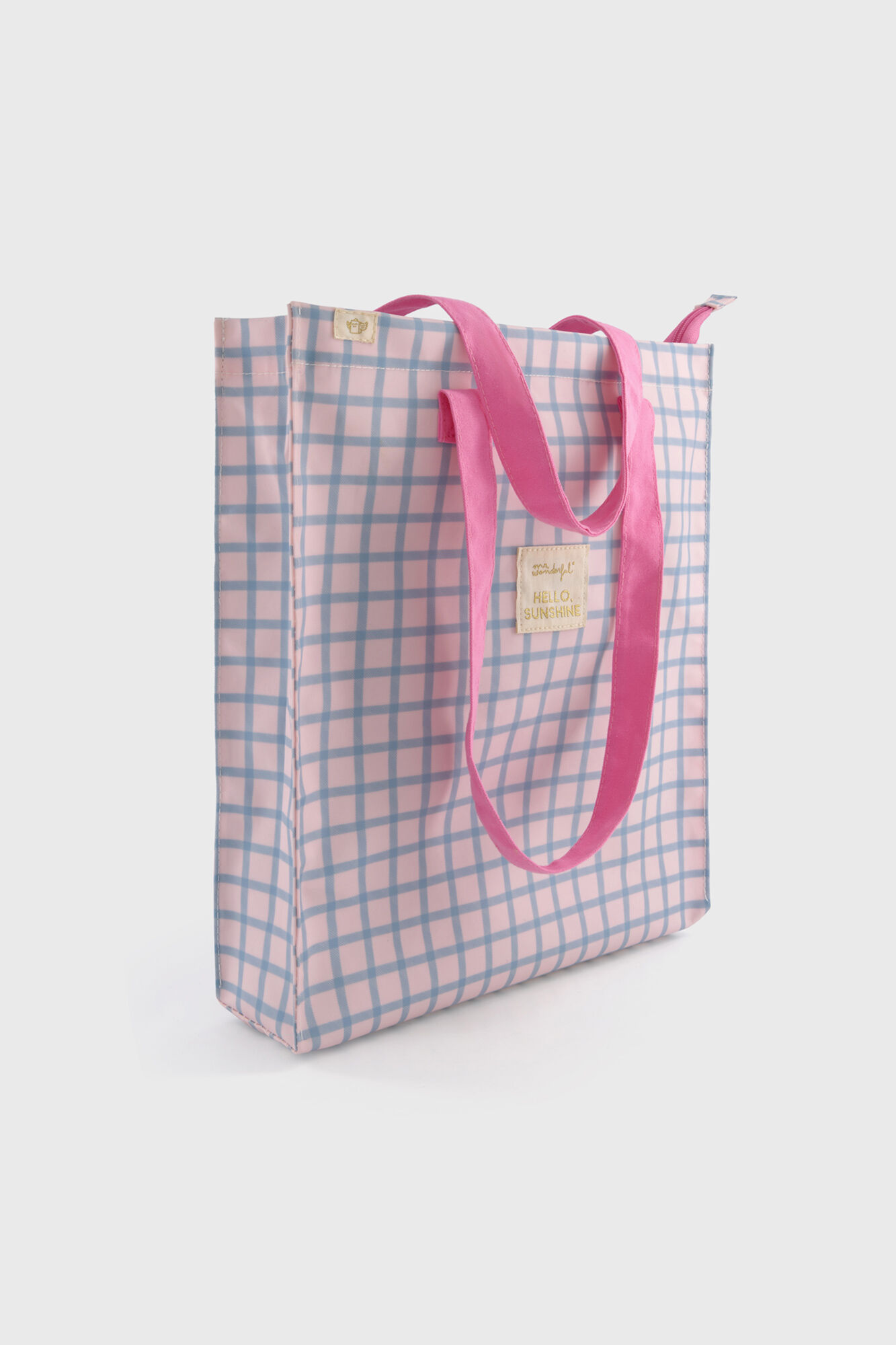 Mr. Wonderful Bolsa de tela tote bag cuadrados azul y rosa Hello, sunshine!