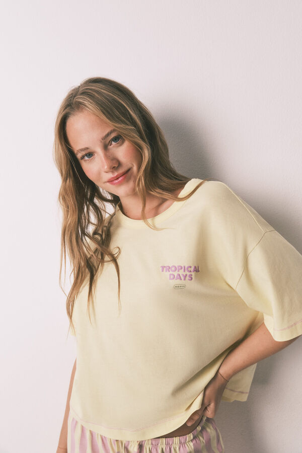 HI&BYE Pijama curto 100% algod&atilde;o &agrave;s riscas amarelo amarelo