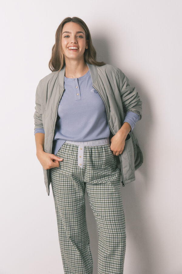 Women'secret Pijama largo algod&oacute;n pantal&oacute;n cuadros azul