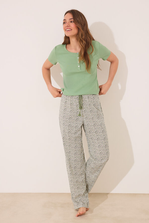 Women'secret Pijama comprido de algod&atilde;o canelado verde verde