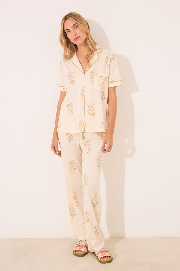 Women'secret Pijama largo camisero marfil algod&oacute;n marfil