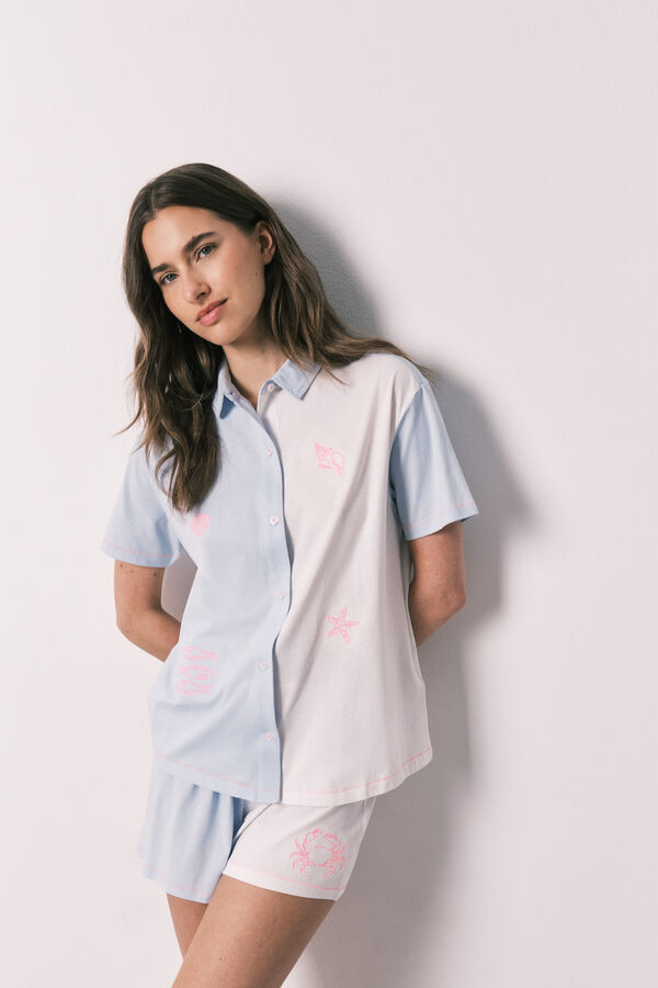 Women'secret Pijama curto camiseiro em algod&atilde;o com n&oacute; azul