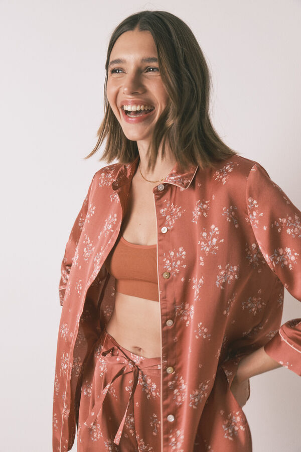 Women'secret Pijama camisero largo sat&eacute;n naranja naranja