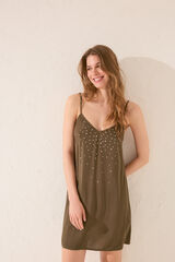 Women'secret Vestido curto cáqui com alças e strass brilhantes estampado