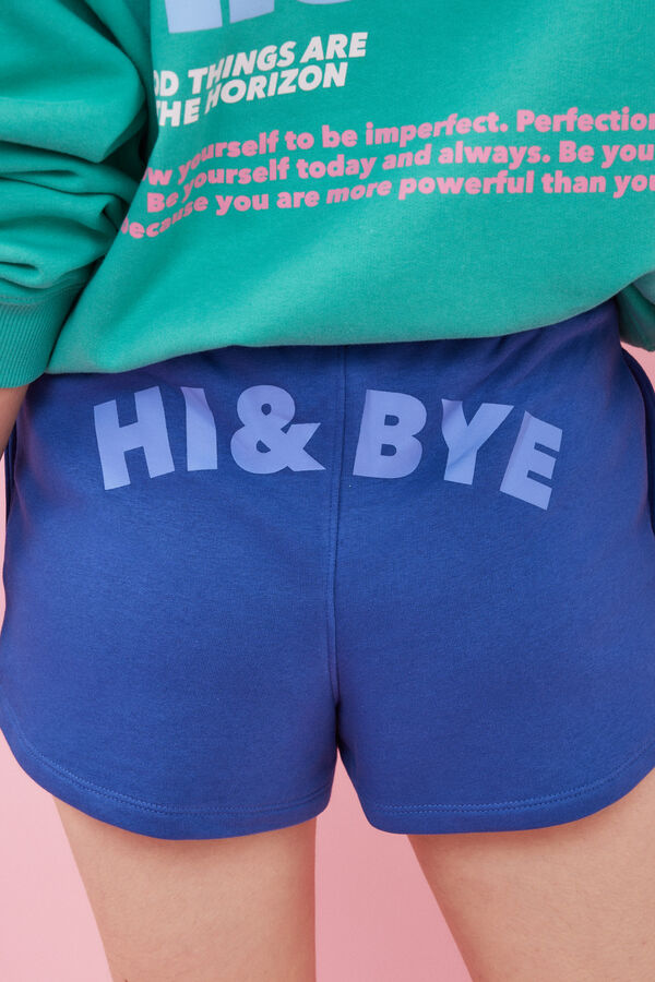 HI&BYE Calças curtas felpa azul-escuro logo azul