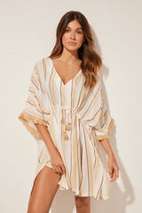 Women'secret Vestido caft&aacute;n algod&oacute;n estampado rayas marfil