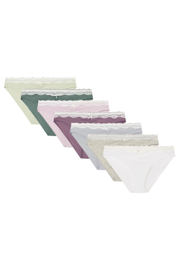 Women'secret Pack 7 bragas cl&aacute;sicas algod&oacute;n frunce y encaje blanco