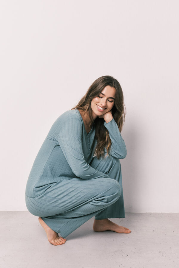 Women'secret Pijama largo textura pointelle verde azul