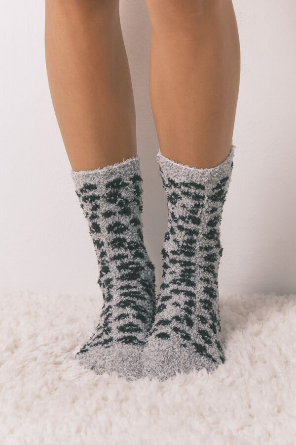 Women'secret Meias longas de pele com estampa de leopardo cinza cinzento