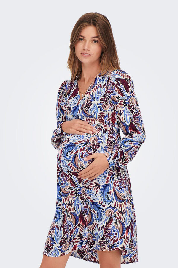 Only Maternity Vestido midi com fecho cruzado e ajuste na cintura, estampado bege