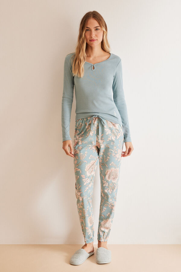 Women'secret Pijama largo algod&oacute;n azul flores azul