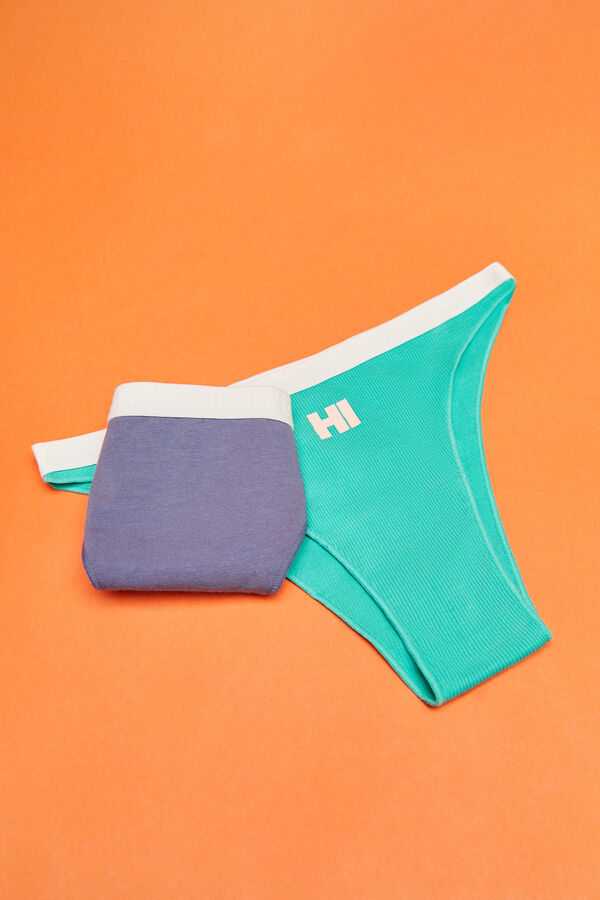 HI&BYE Pack 3 bragas brasile&ntilde;as algod&oacute;n logo blanco, verde y azul estampado