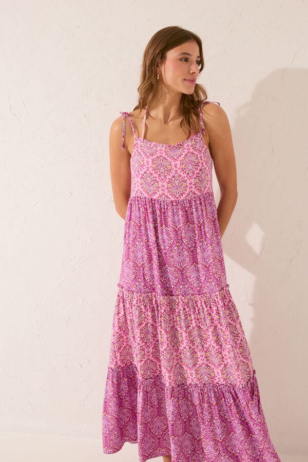 Women'secret Vestido largo volantes print tribal rosa