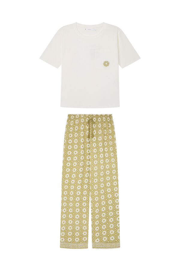 Women'secret Pijama 100% algod&oacute;n pantalones flores marfil