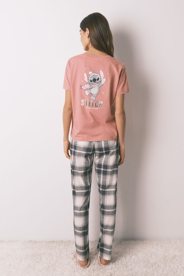 Women'secret Pijama largo 100% algod&oacute;n rosa cuadros Stitch gris