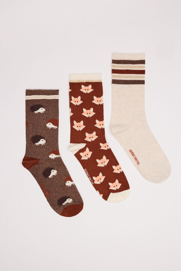 Women'secret Pack 3 calcetines medios algod&oacute;n marr&oacute;n estampado