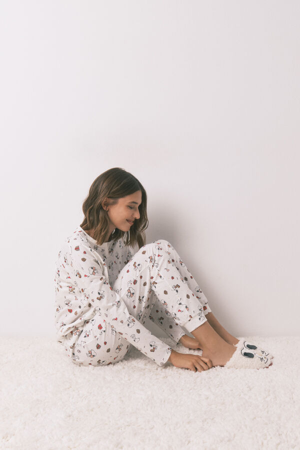 Women'secret Pijama largo 100% algod&oacute;n blanco Snoopy marfil