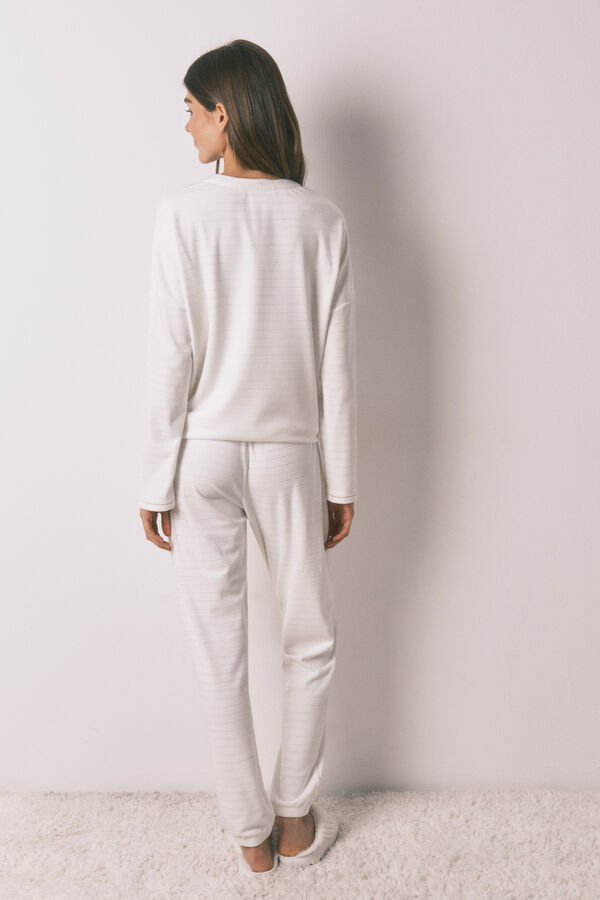 Women'secret Pijama comprido polar estampado riscas lurex bege